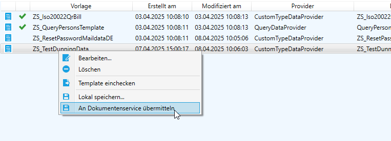 Vorlage an DokumentenService übermitteln